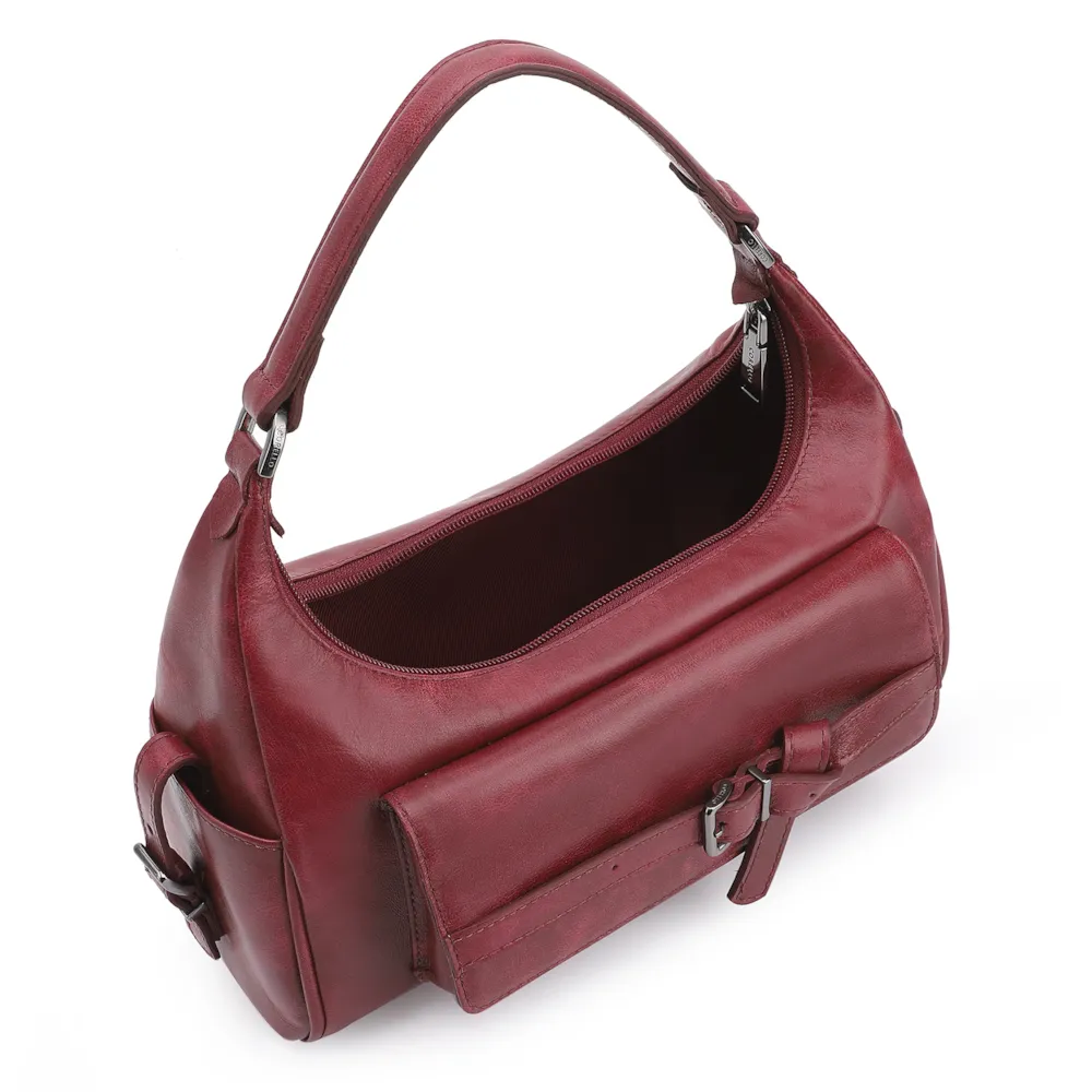 Bolsa Hobo Fivela Couro Estonado Vermelho - imagem 5