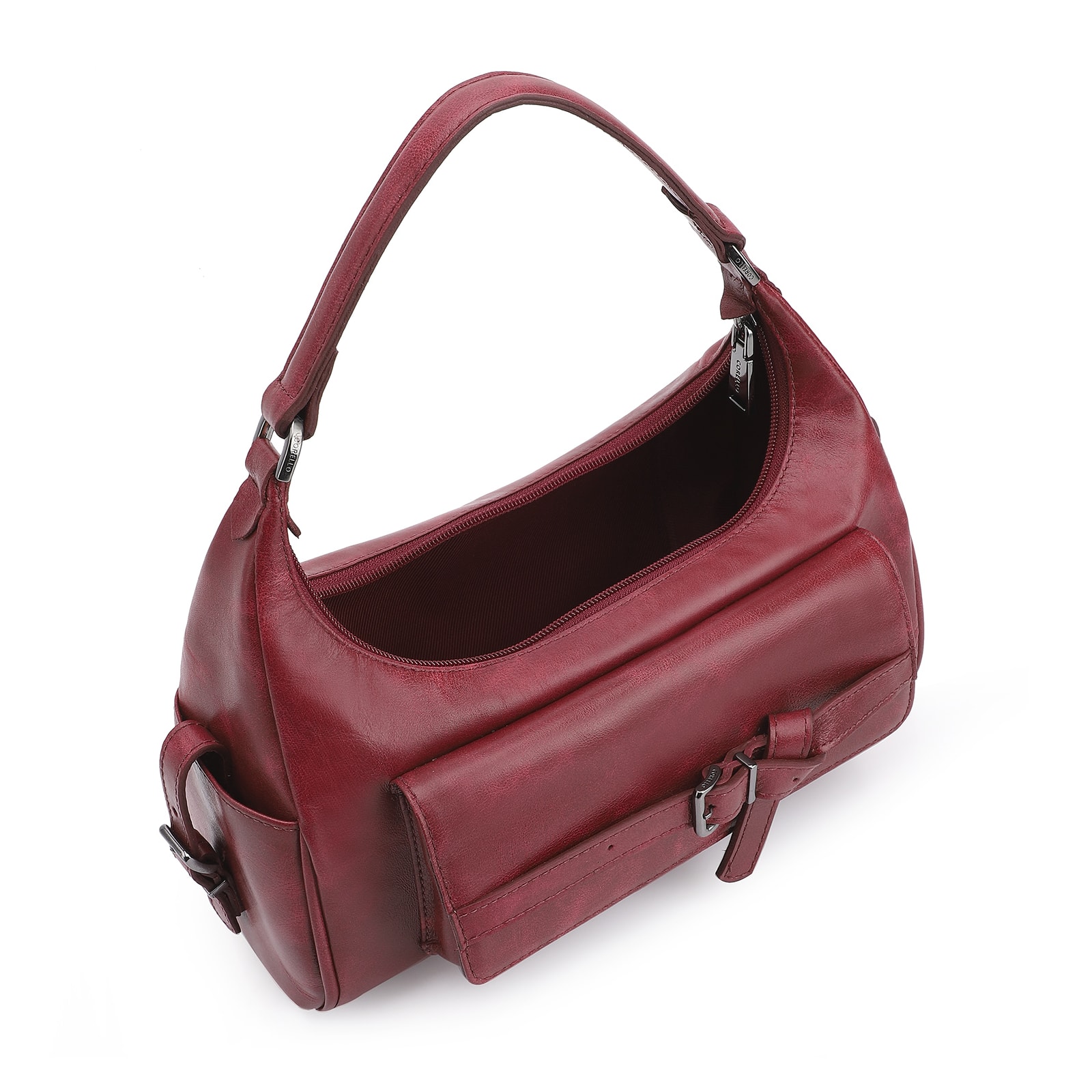 Bolsa Hobo Fivela Couro Estonado Vermelho