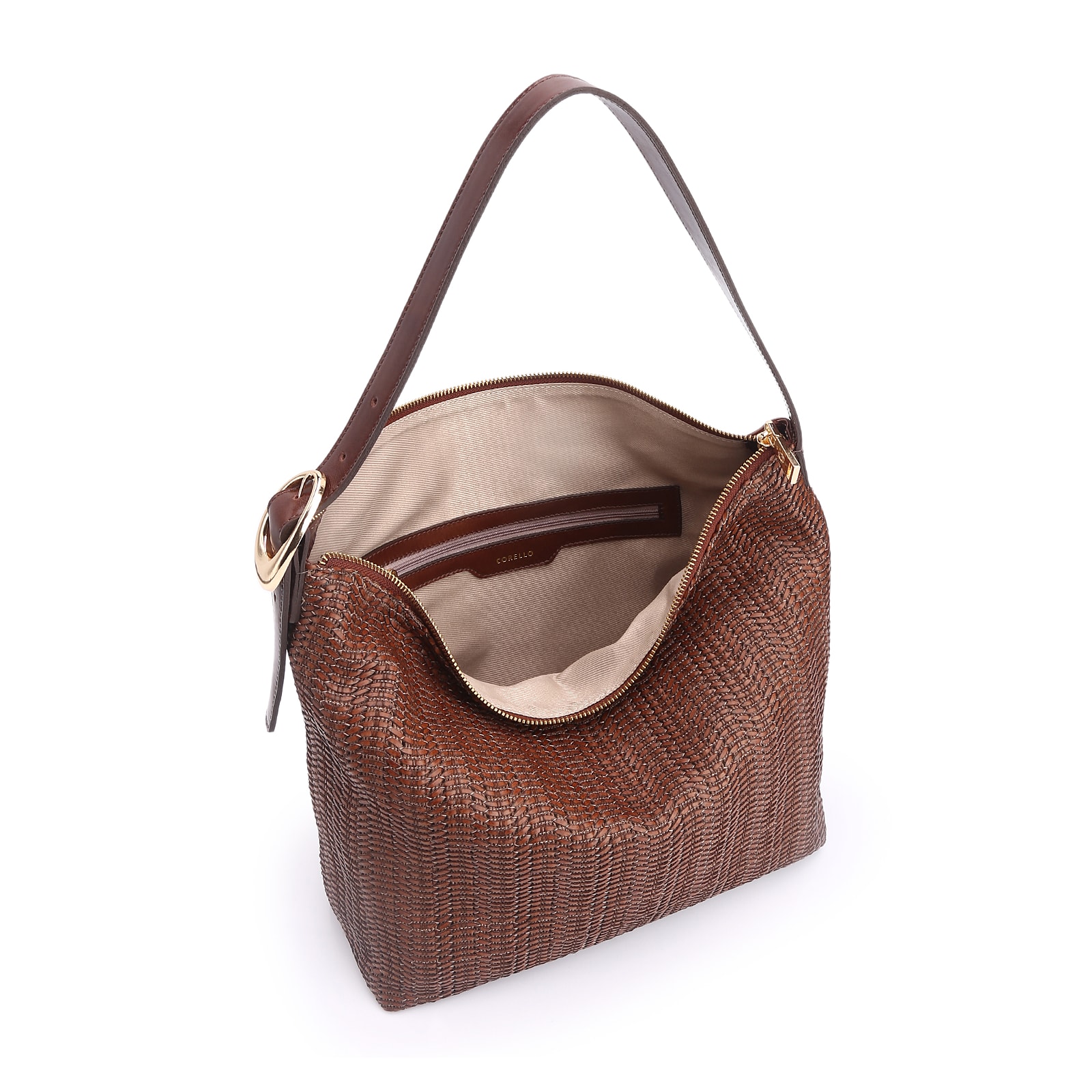 Bolsa Hobo Fivela Couro Marrom/Alt Tramado Marrom