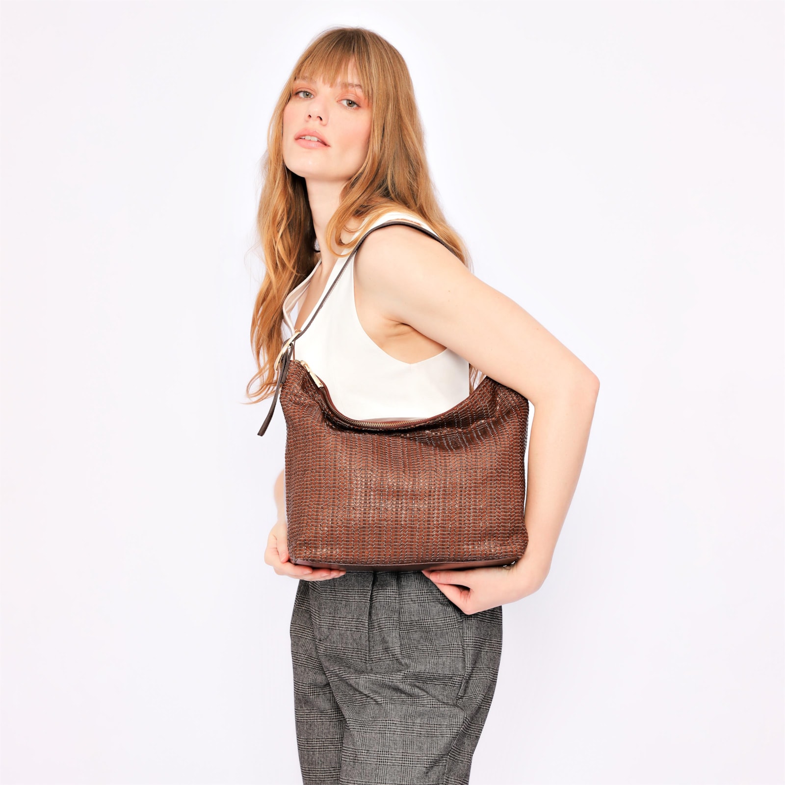 Bolsa Hobo Fivela Couro Marrom/Alt Tramado Marrom