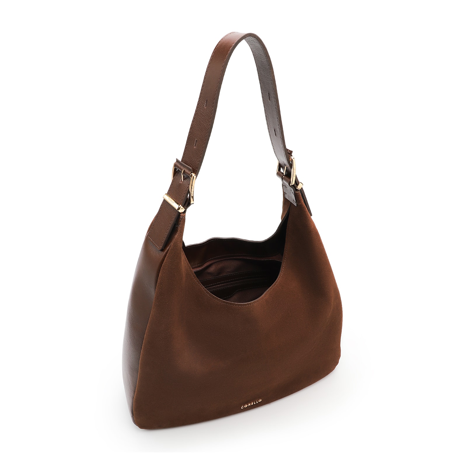Bolsa Hobo Fivelas Couro Camurça Marrom