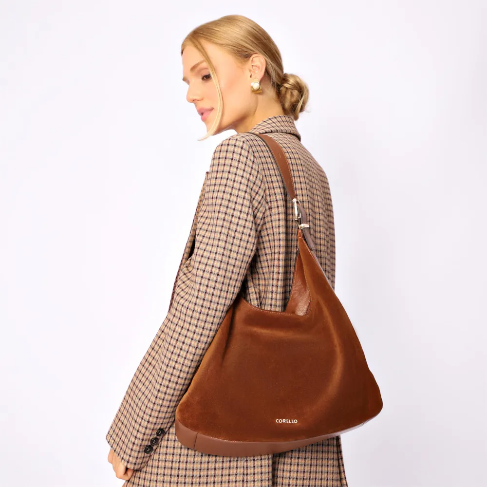 Bolsa Hobo Fivelas Couro Camurça Marrom Claro - imagem 2