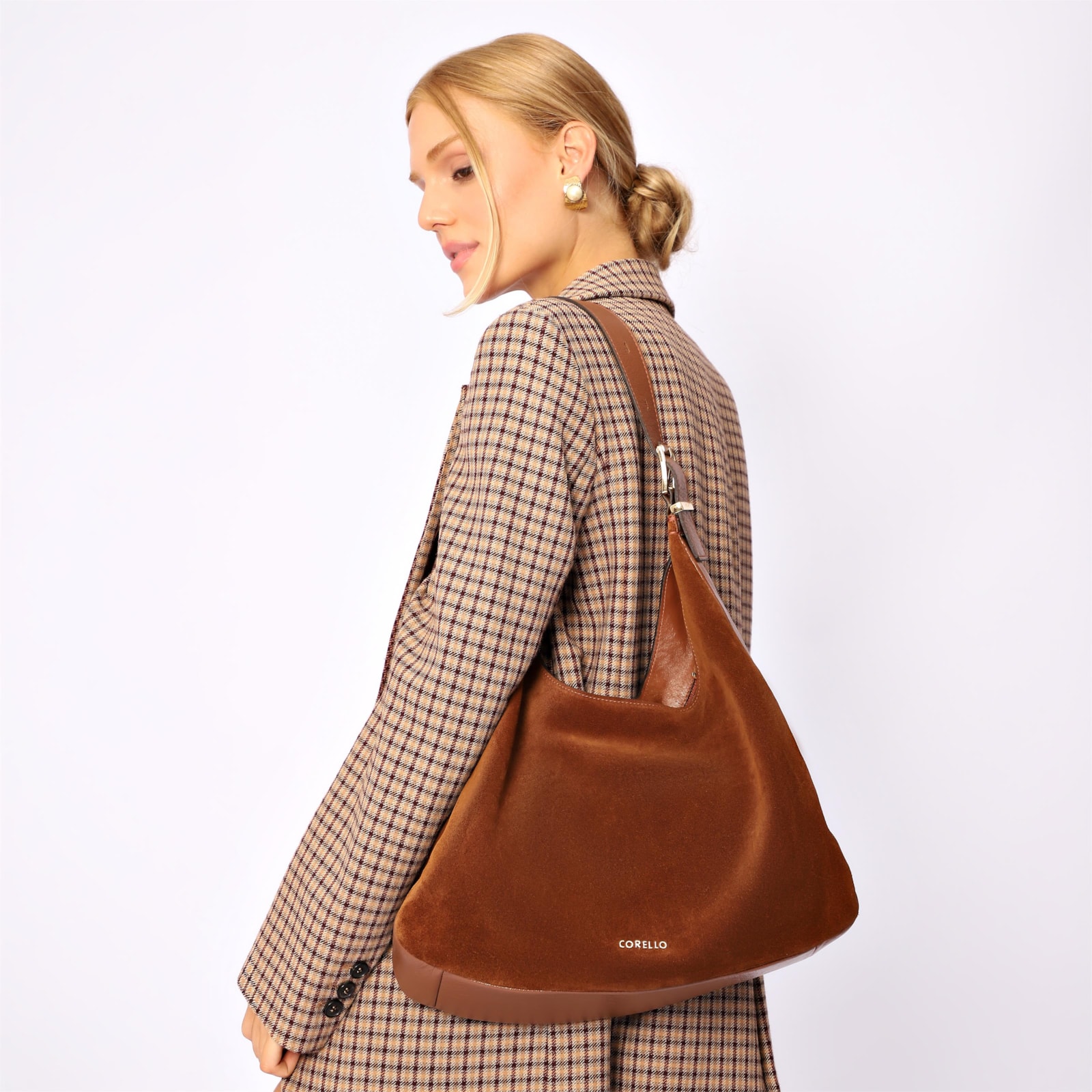 Bolsa Hobo Fivelas Couro Camurça Marrom Claro