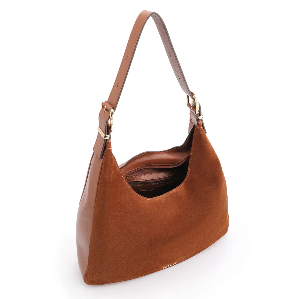 Bolsa Hobo Fivelas Couro Camurça Marrom Claro - imagem 5