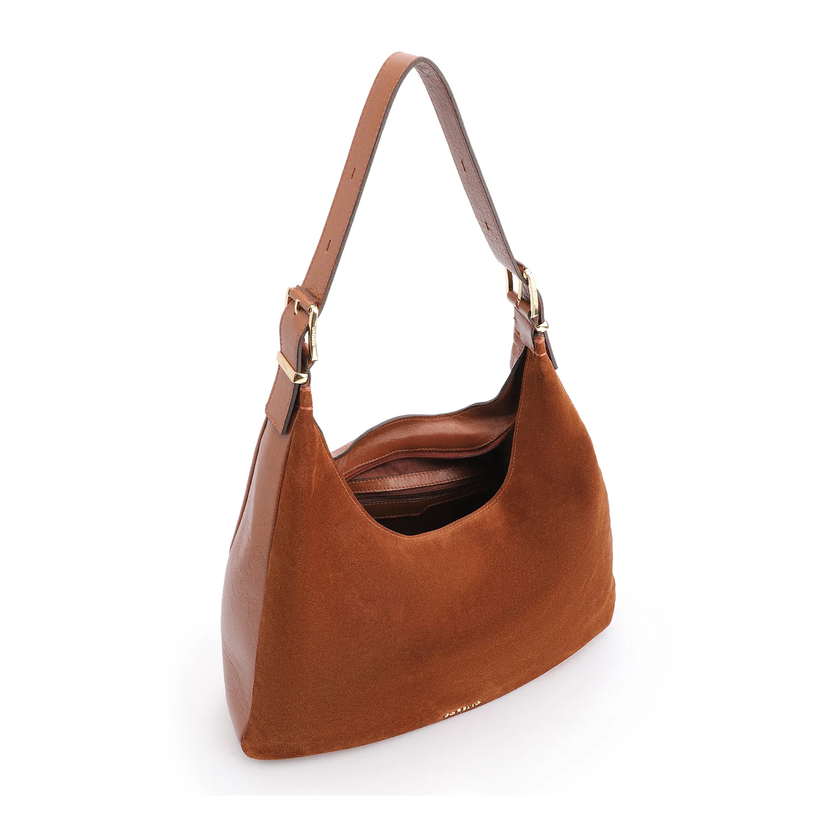 Bolsa Hobo Fivelas Couro Camurça Marrom Claro