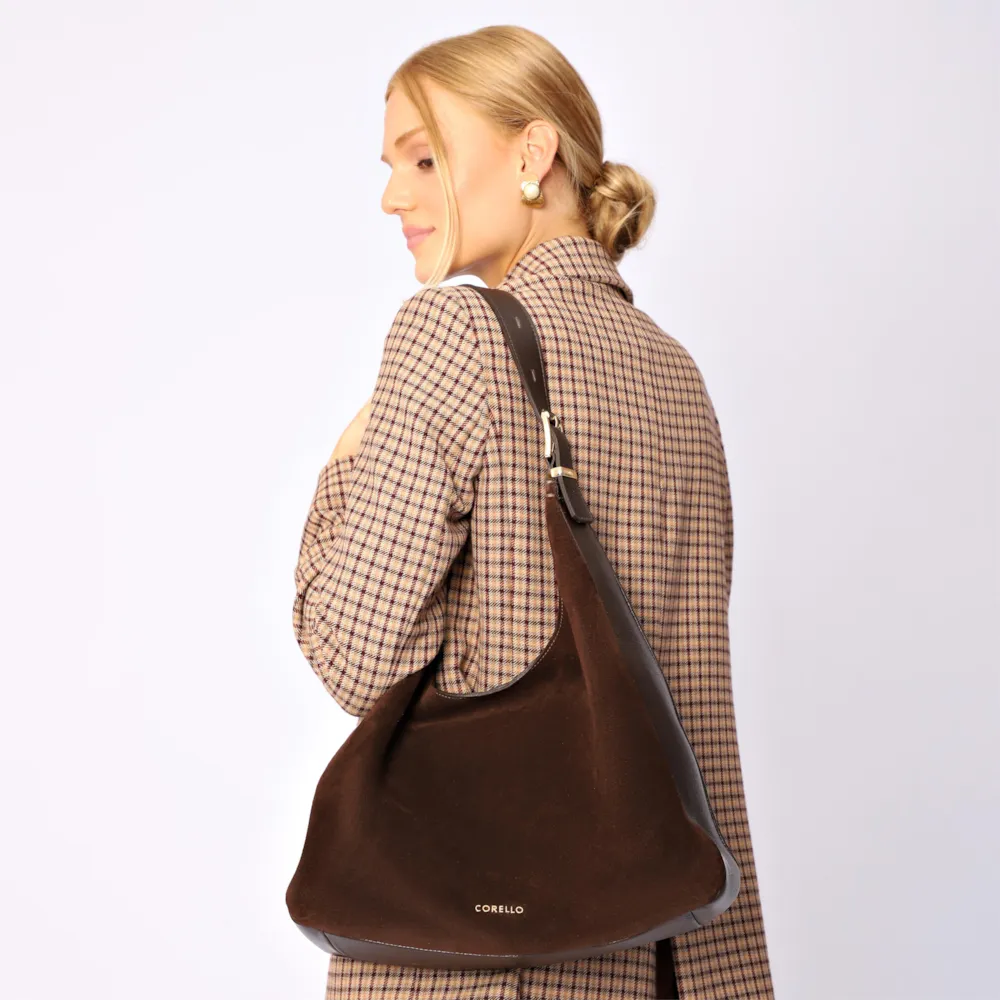 Bolsa Hobo Fivelas Couro Camurça Marrom Escuro - imagem 2