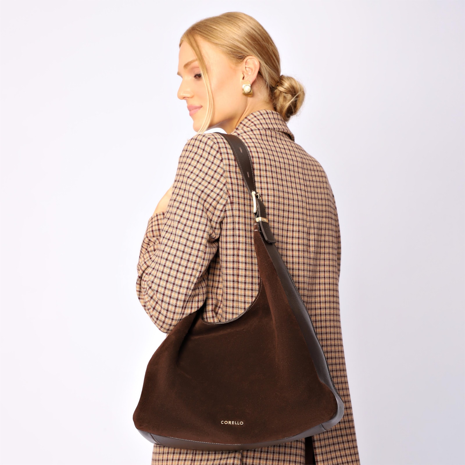 Bolsa Hobo Fivelas Couro Camurça Marrom Escuro