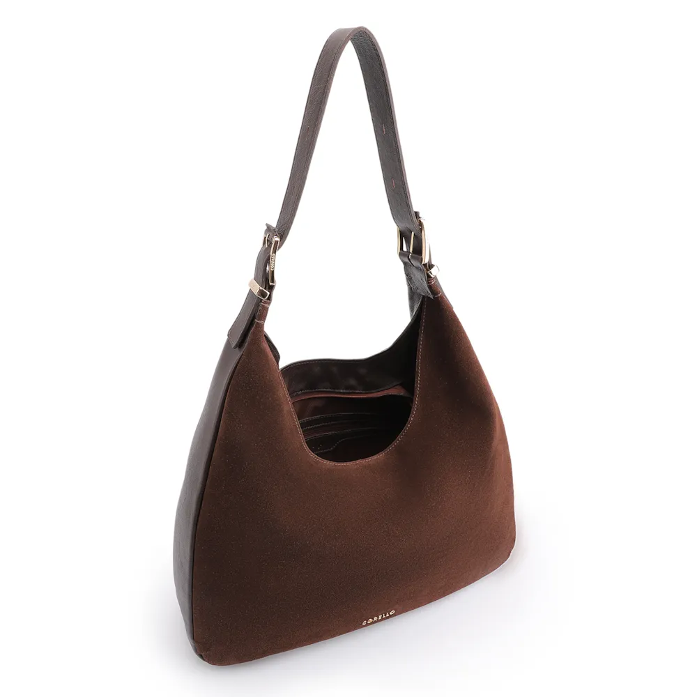 Bolsa Hobo Fivelas Couro Camurça Marrom Escuro - imagem 5