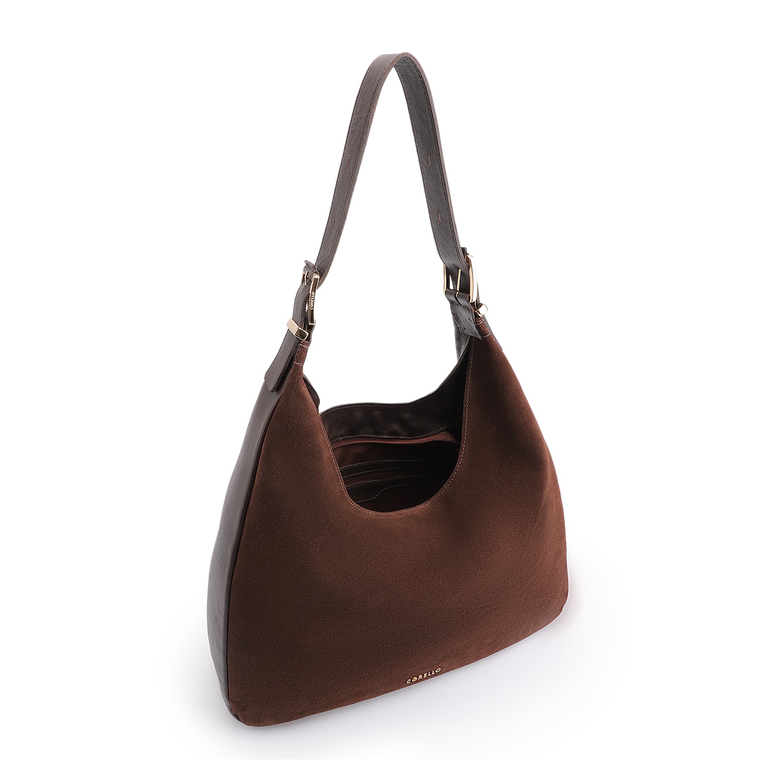 Bolsa Hobo Fivelas Couro Camurça Marrom Escuro