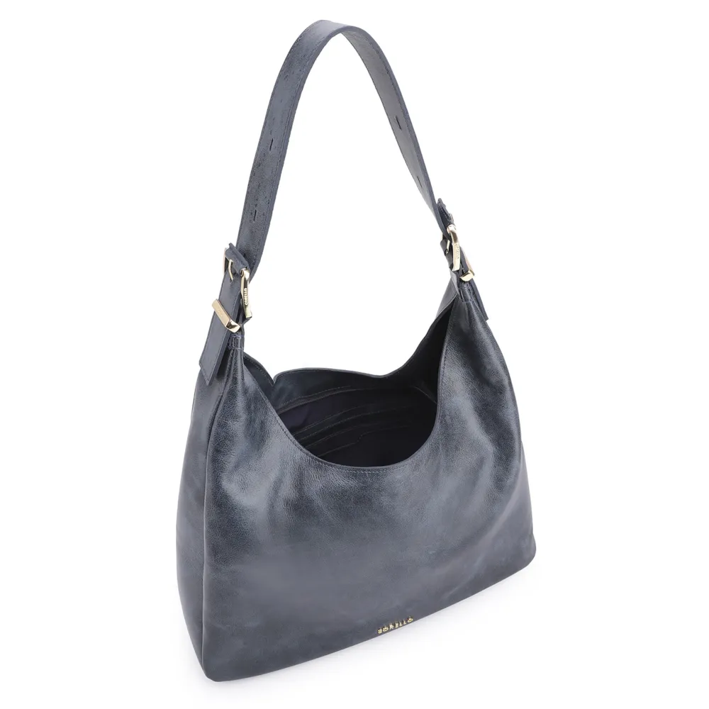 Bolsa Hobo Fivelas Couro Estonado Azul - imagem 4