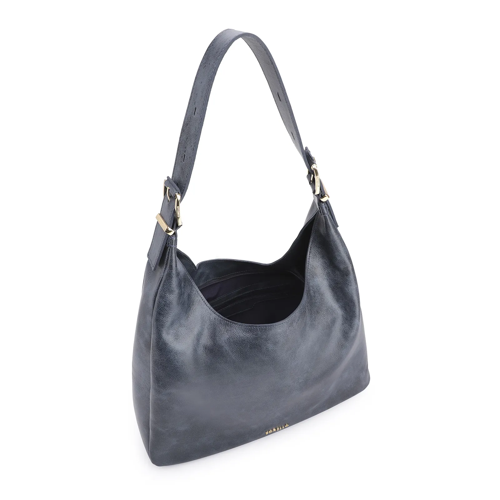 Bolsa Hobo Fivelas Couro Estonado Azul