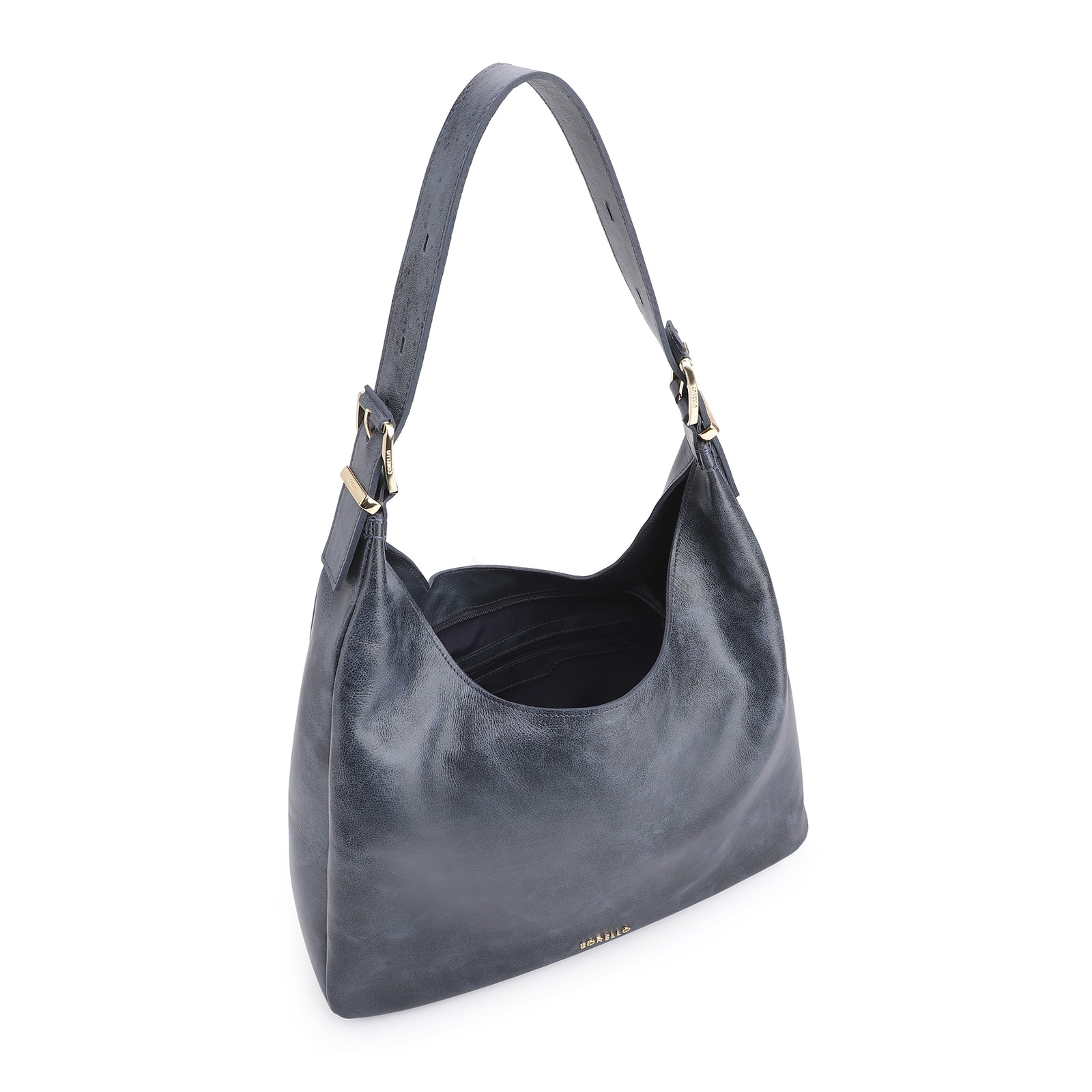 Bolsa Hobo Fivelas Couro Estonado Azul