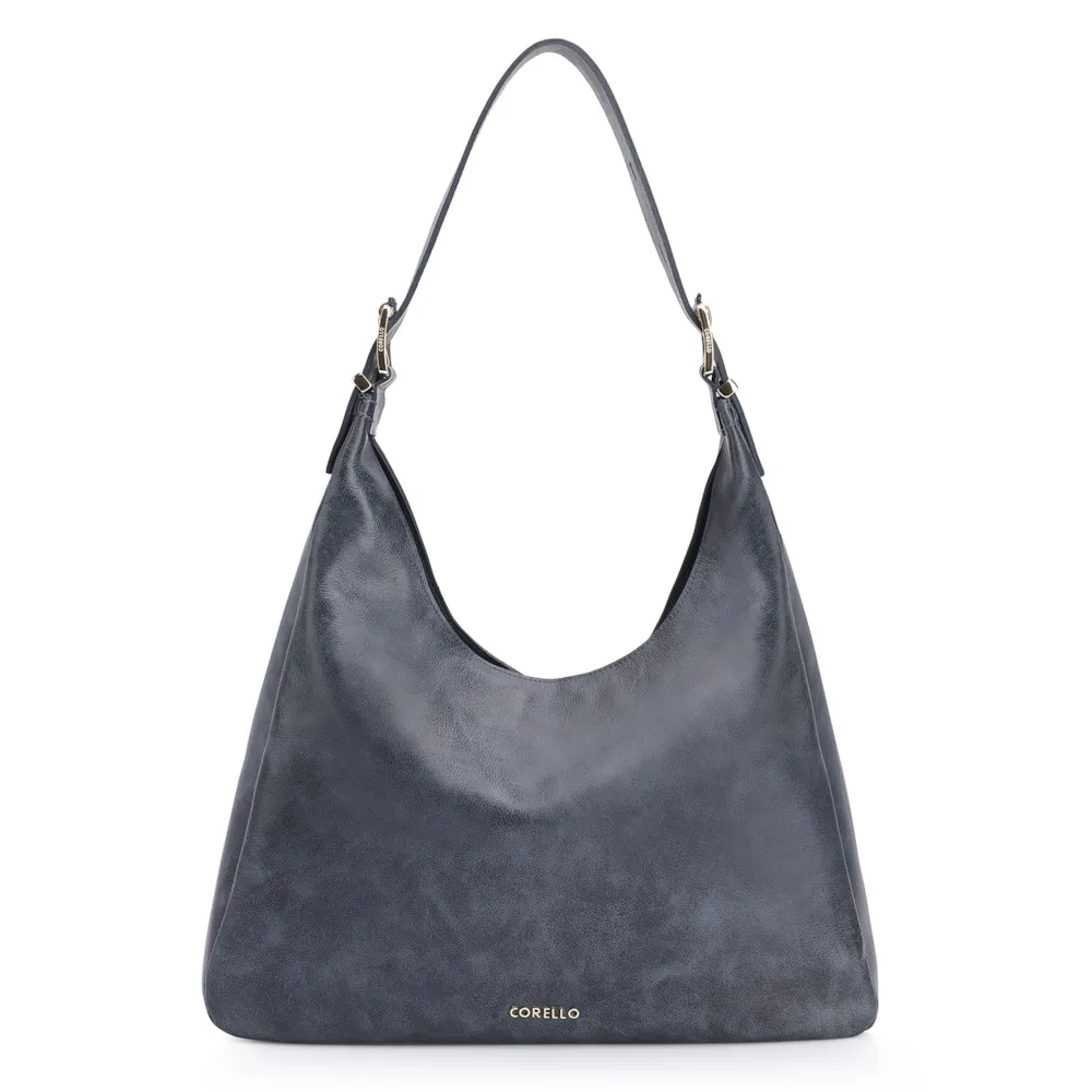 Bolsa Hobo Fivelas Couro Estonado Azul