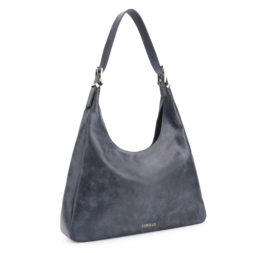 Bolsa Hobo Fivelas Couro Estonado Azul - imagem 2