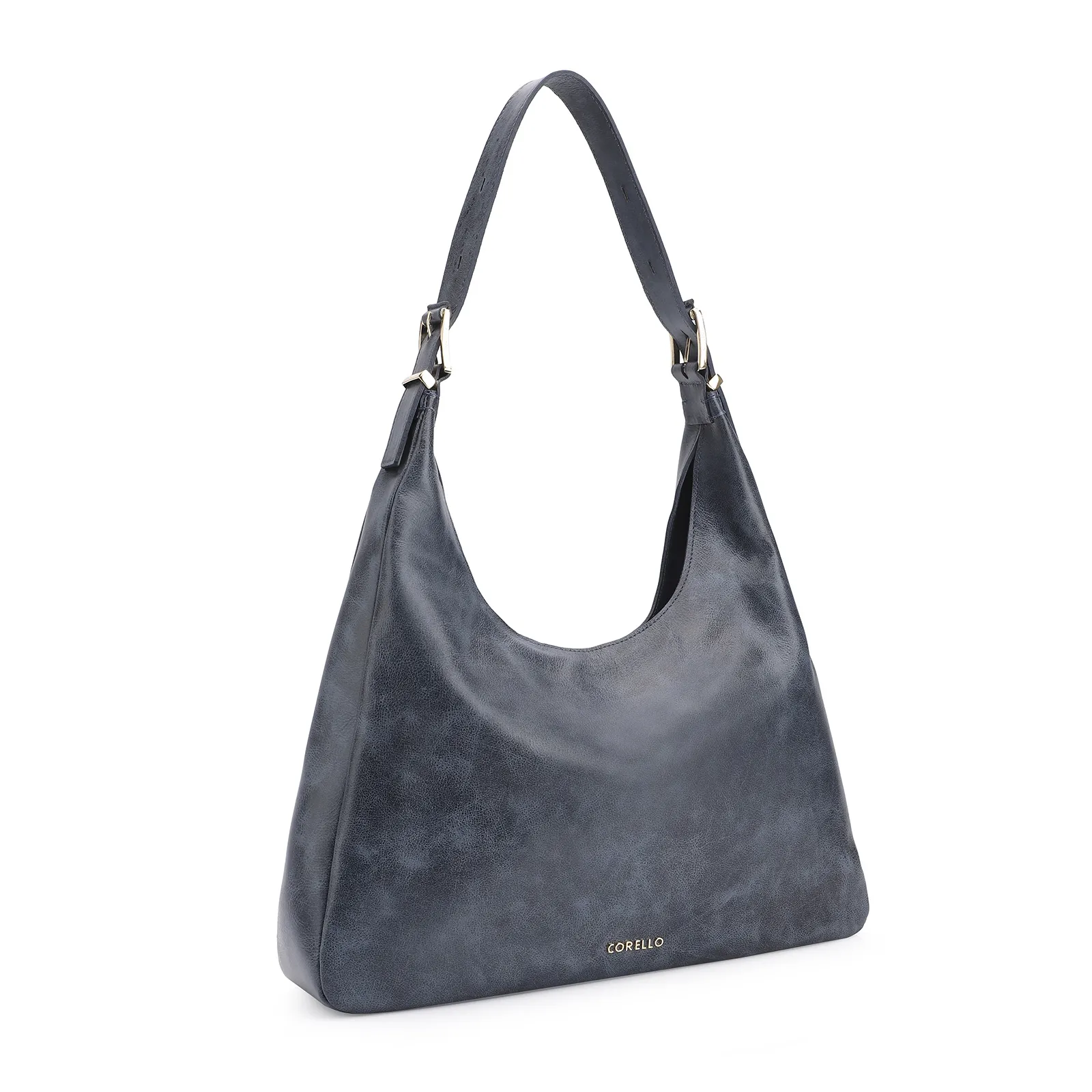 Bolsa Hobo Fivelas Couro Estonado Azul