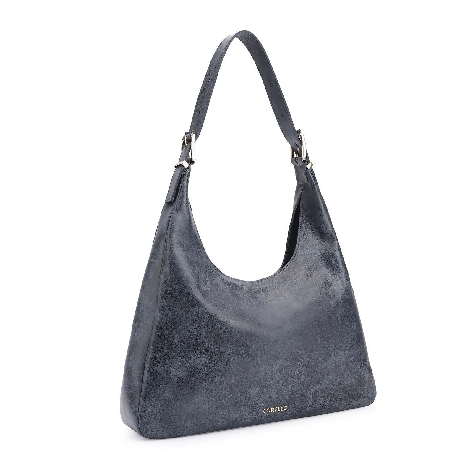 Bolsa Hobo Fivelas Couro Estonado Azul
