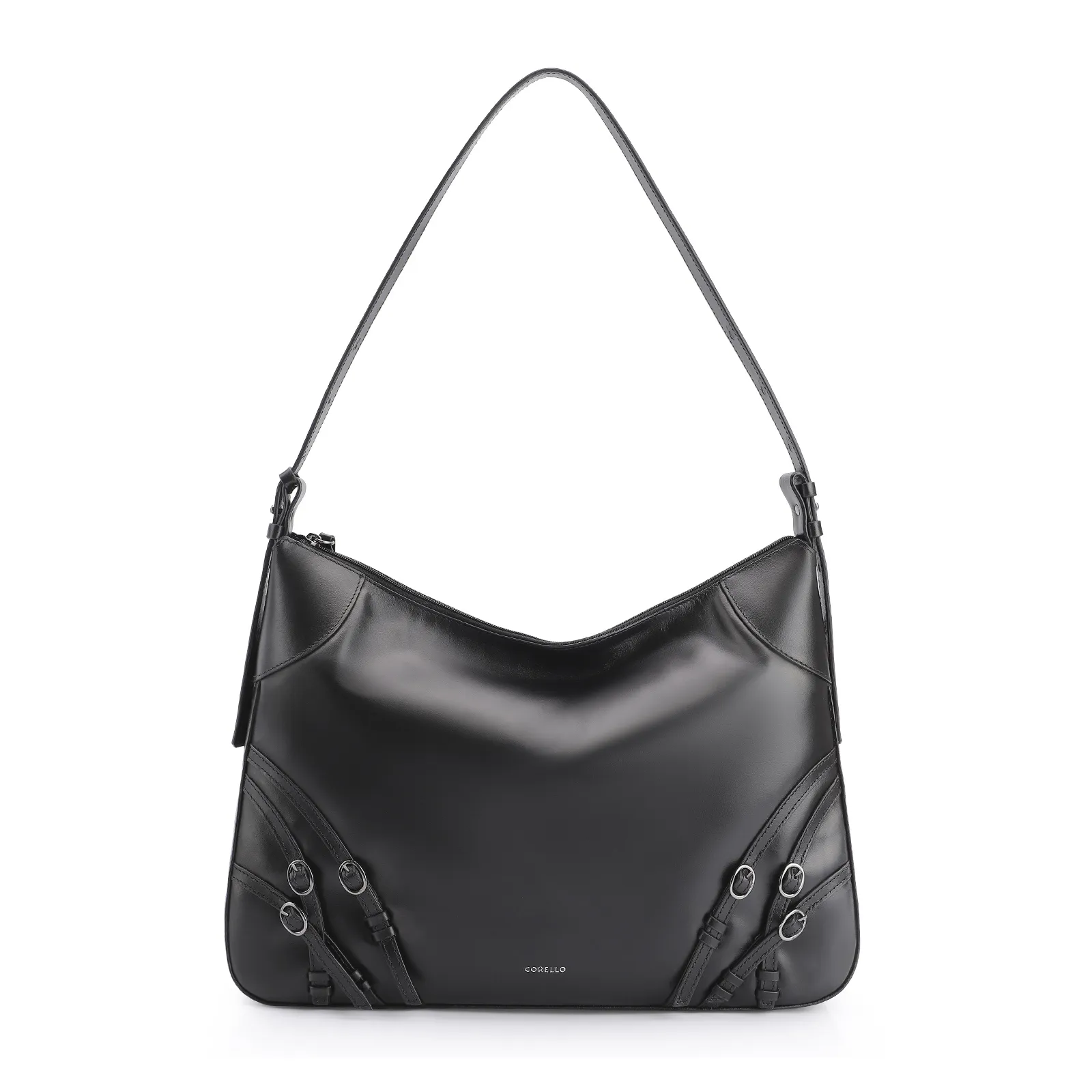 Bolsa Hobo Fivelas Couro Preto