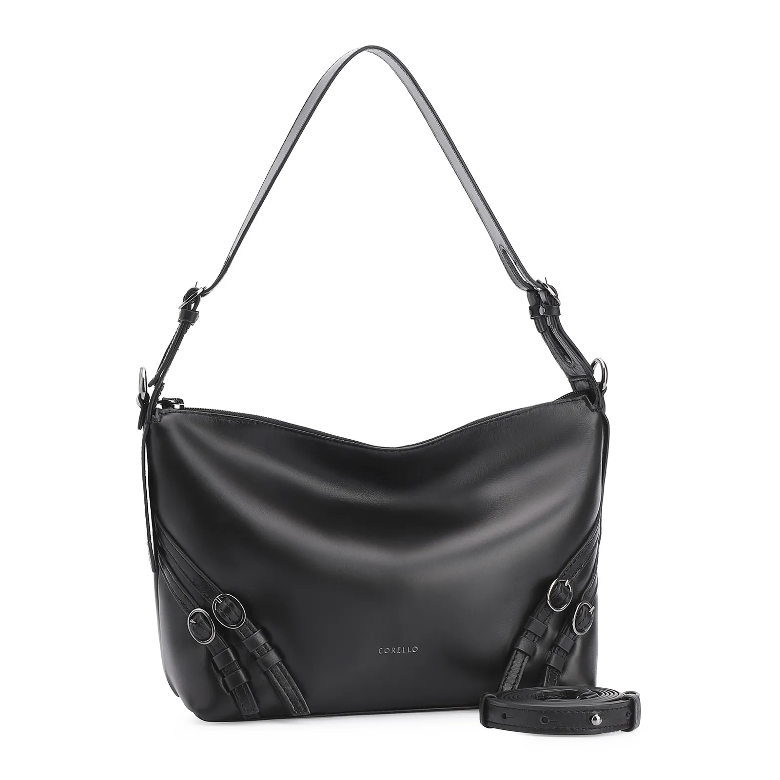 Bolsa Hobo Fivelas Couro Preto