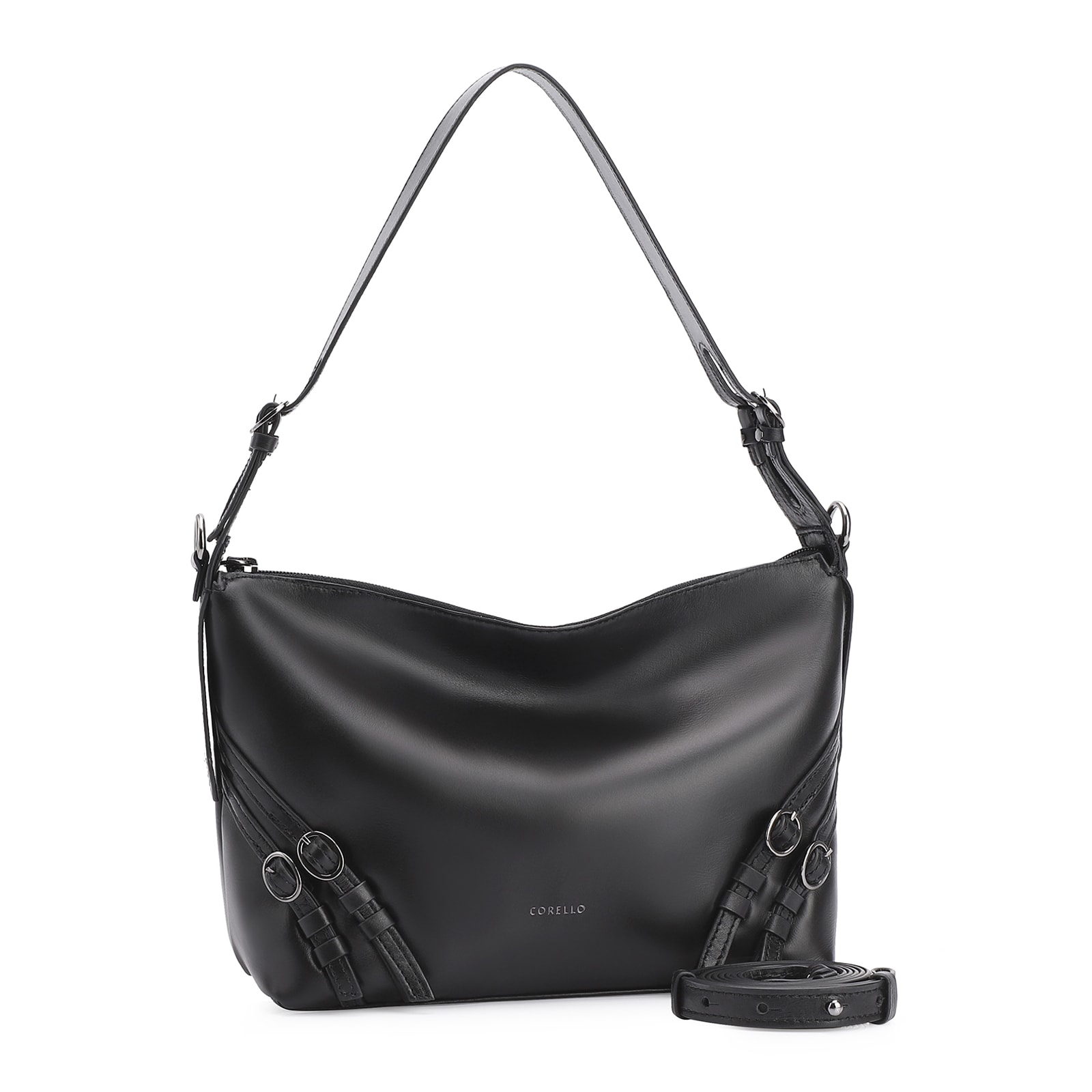 Bolsa Hobo Fivelas Couro Preto
