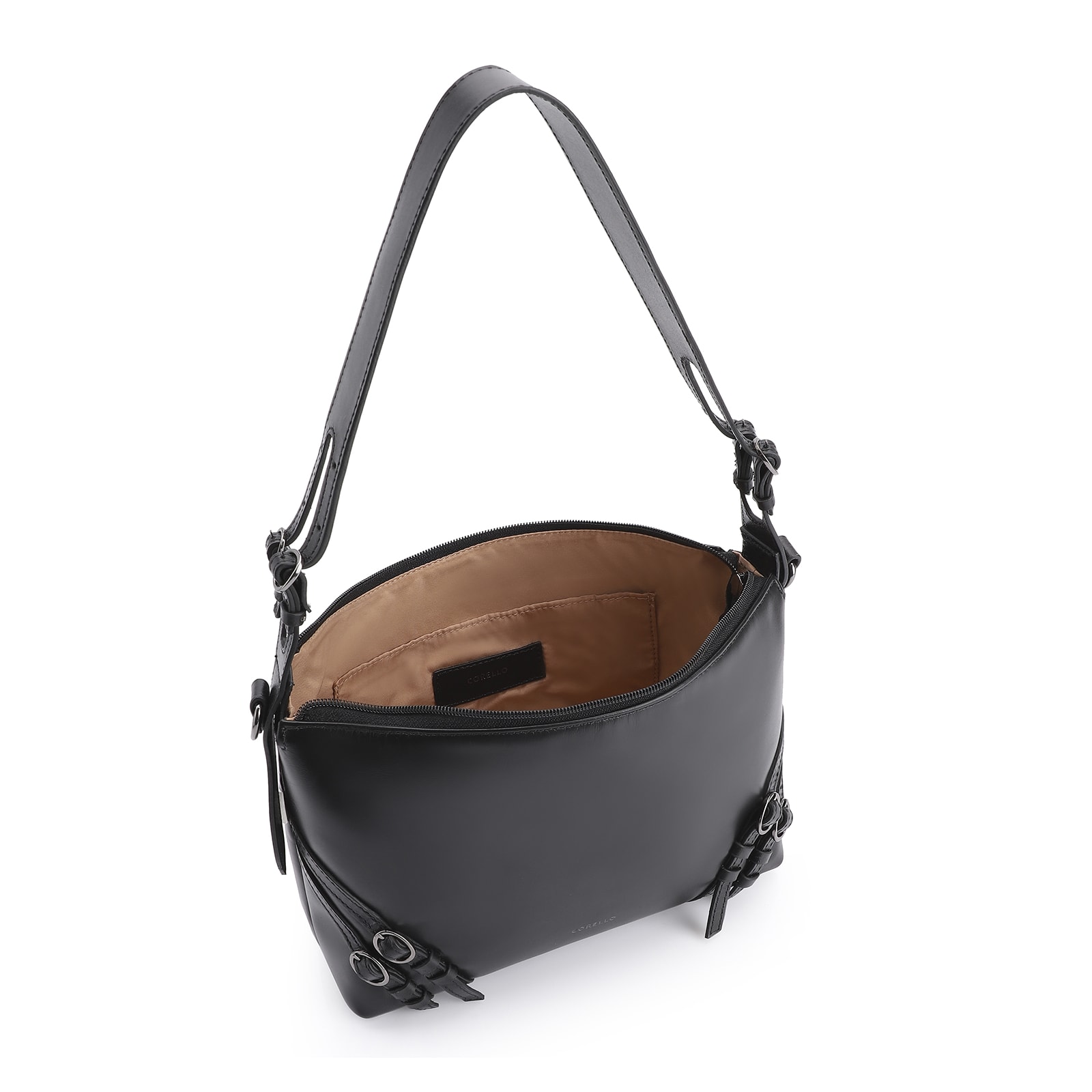 Bolsa Hobo Fivelas Couro Preto
