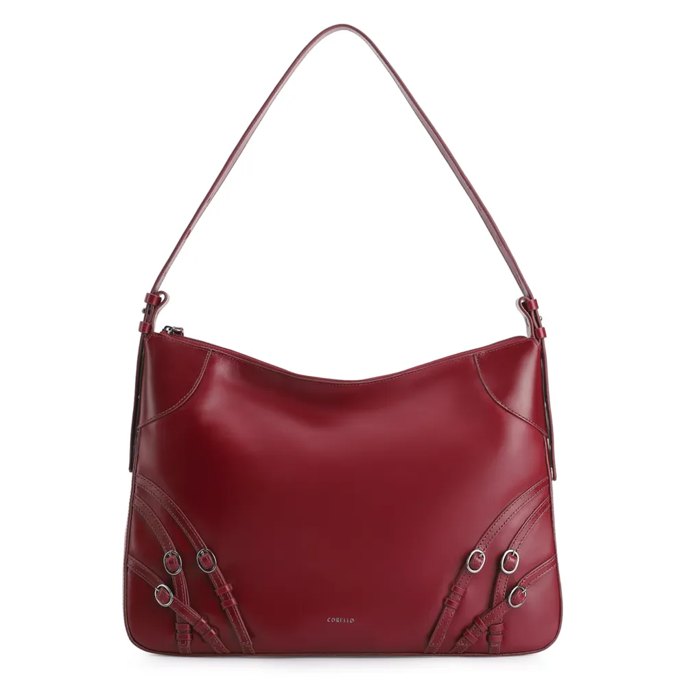 Bolsa Hobo Fivelas Couro Vermelho Cereja