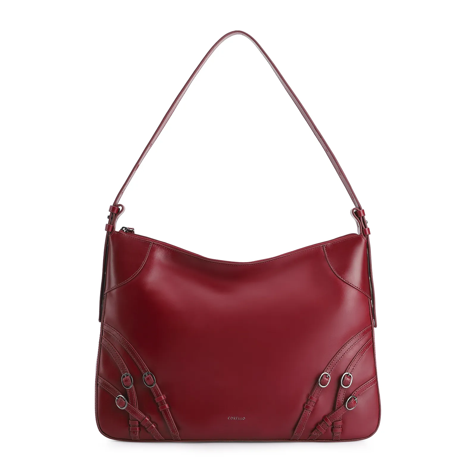Bolsa Hobo Fivelas Couro Vermelho Cereja