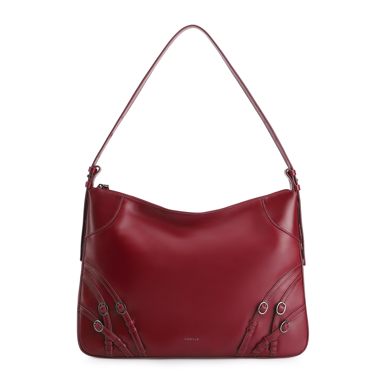 Bolsa Hobo Fivelas Couro Vermelho Cereja