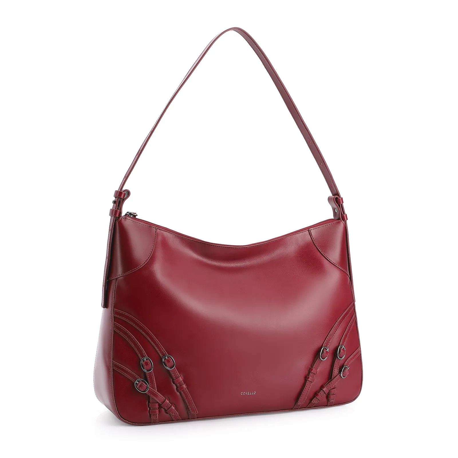 Bolsa Hobo Fivelas Couro Vermelho Cereja