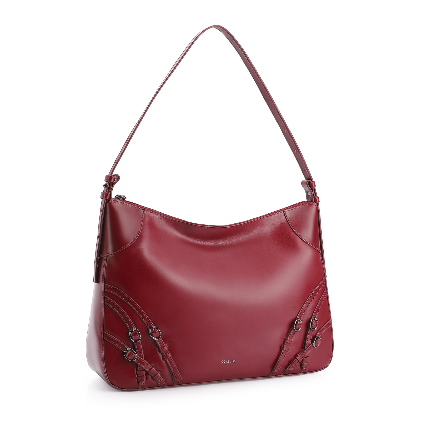 Bolsa Hobo Fivelas Couro Vermelho Cereja
