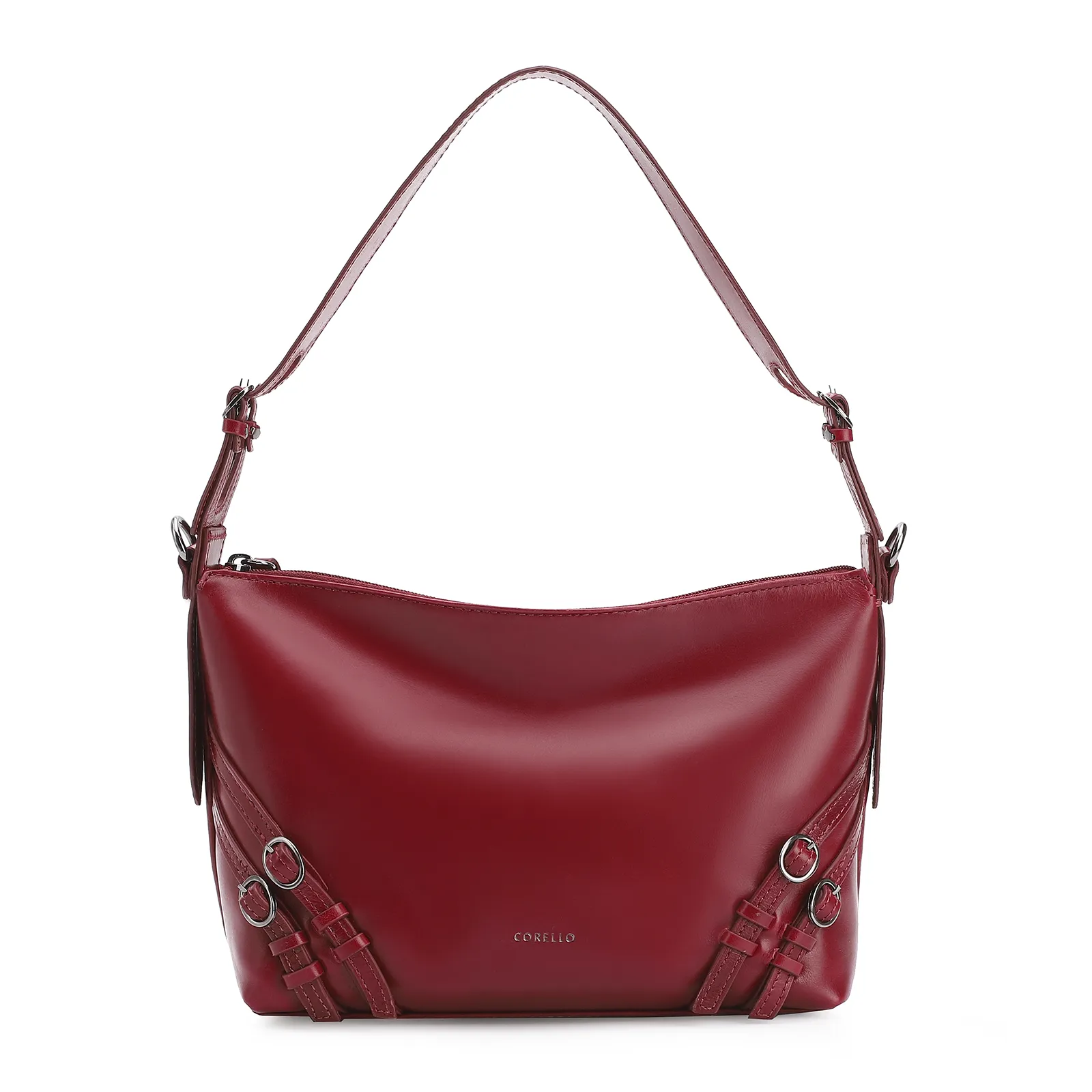 Bolsa Hobo Fivelas Couro Vermelho Cereja