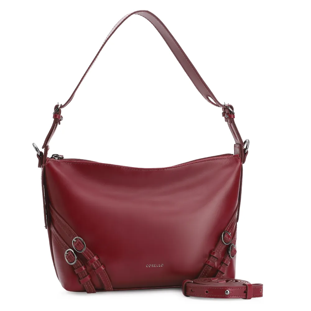 Bolsa Hobo Fivelas Couro Vermelho Cereja - imagem 2