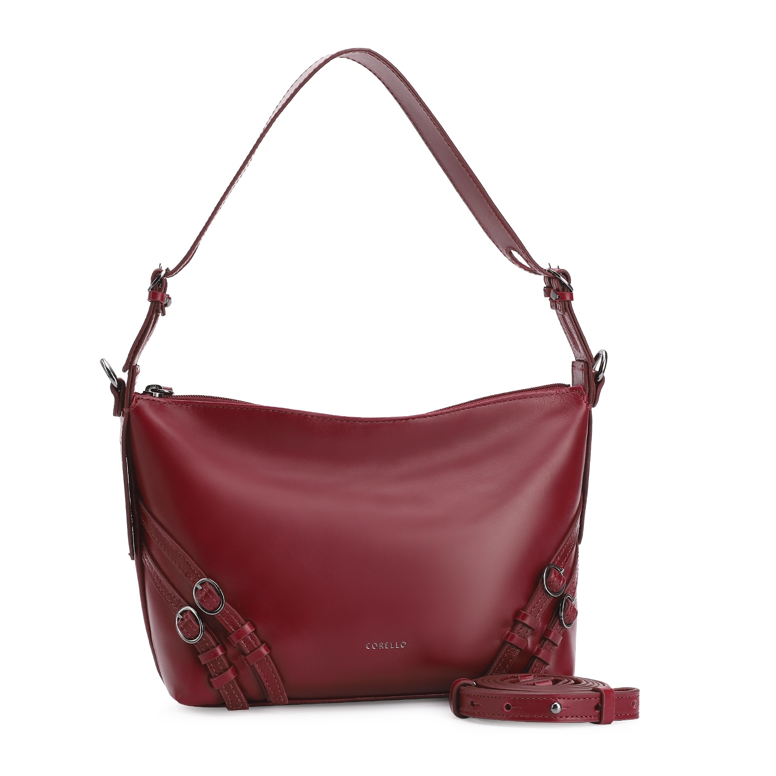 Bolsa Hobo Fivelas Couro Vermelho Cereja
