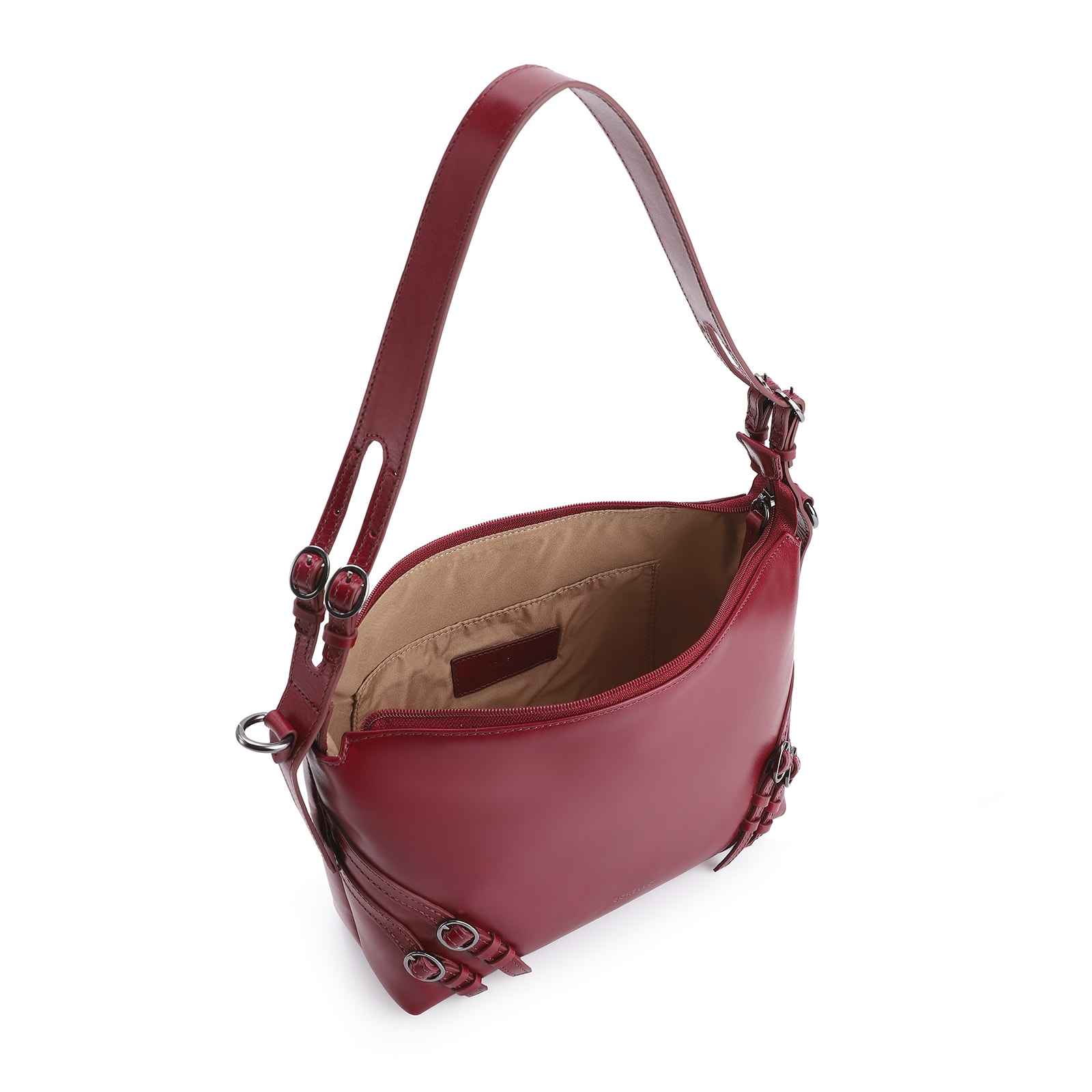 Bolsa Hobo Fivelas Couro Vermelho Cereja