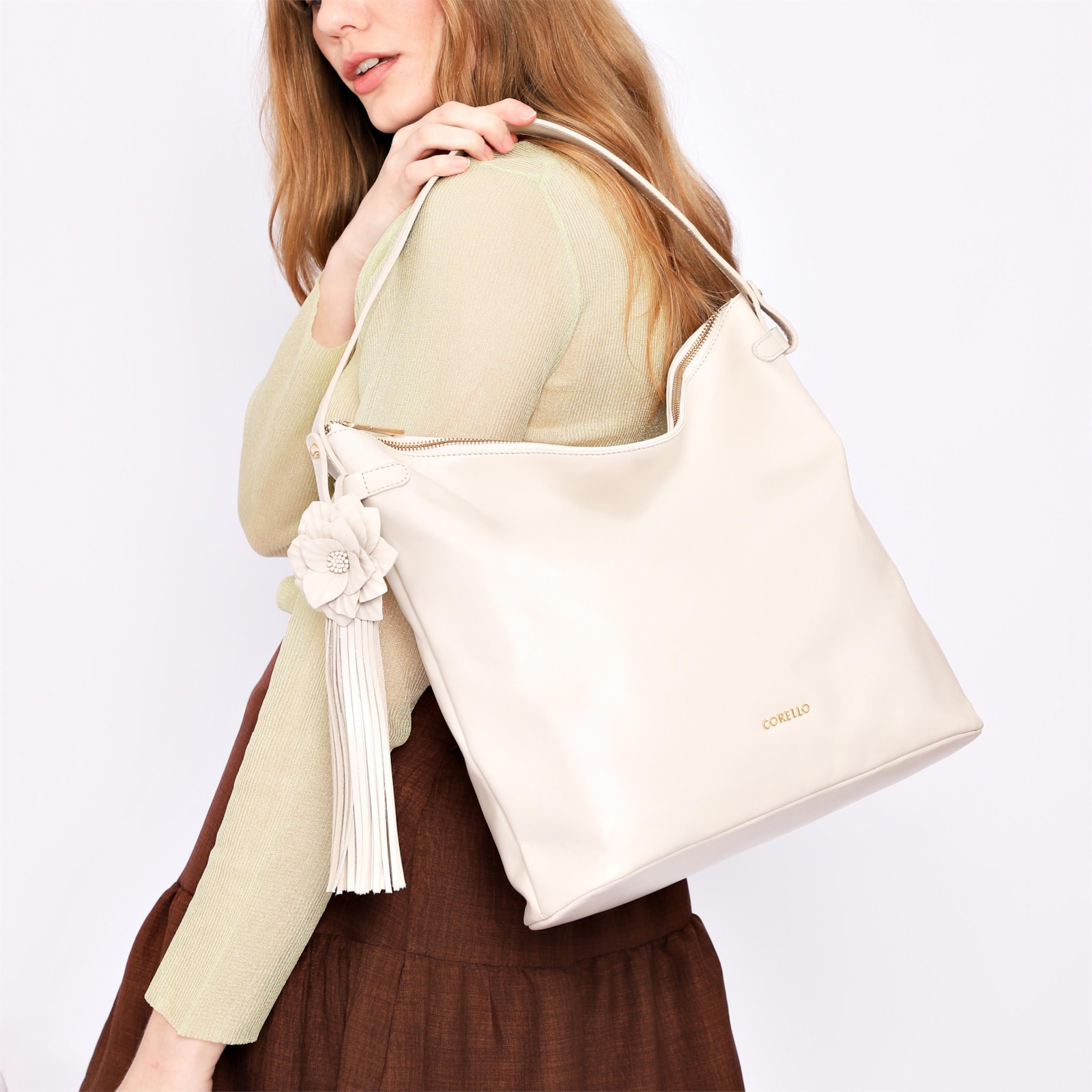 Bolsa Hobo Flor Couro Off White