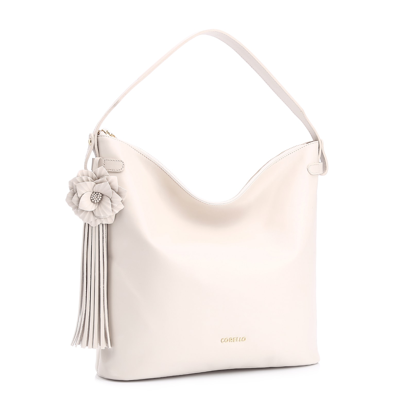 Bolsa Hobo Flor Couro Off White