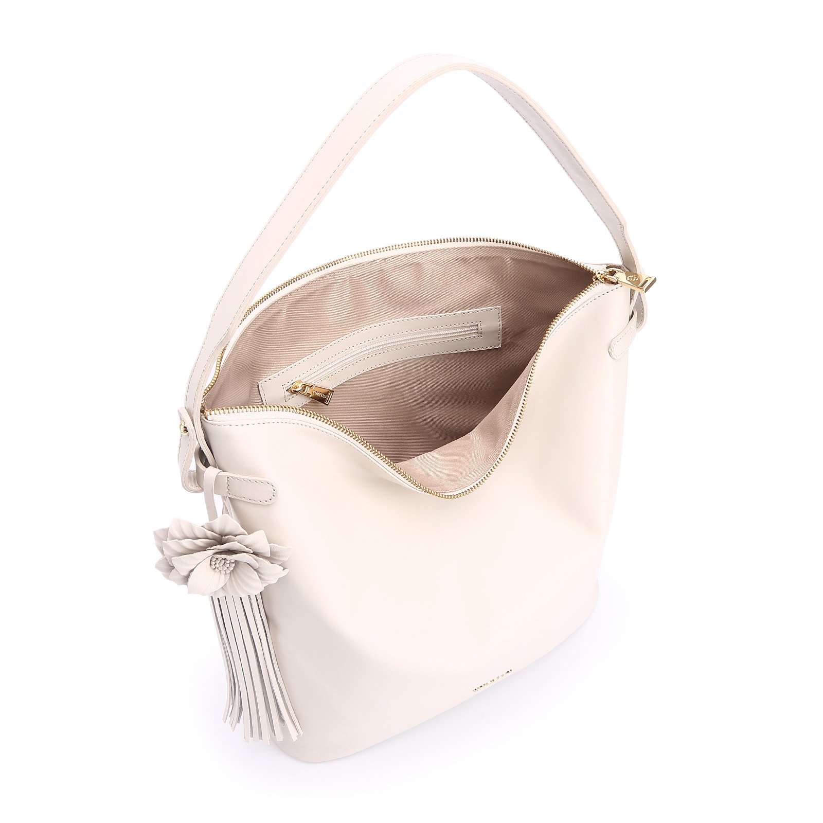Bolsa Hobo Flor Couro Off White