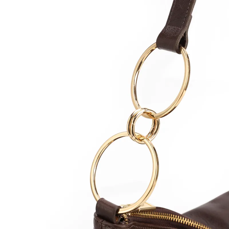 Bolsa Hobo Grande Couro Antique Marrom Argolas Alça - foto 6