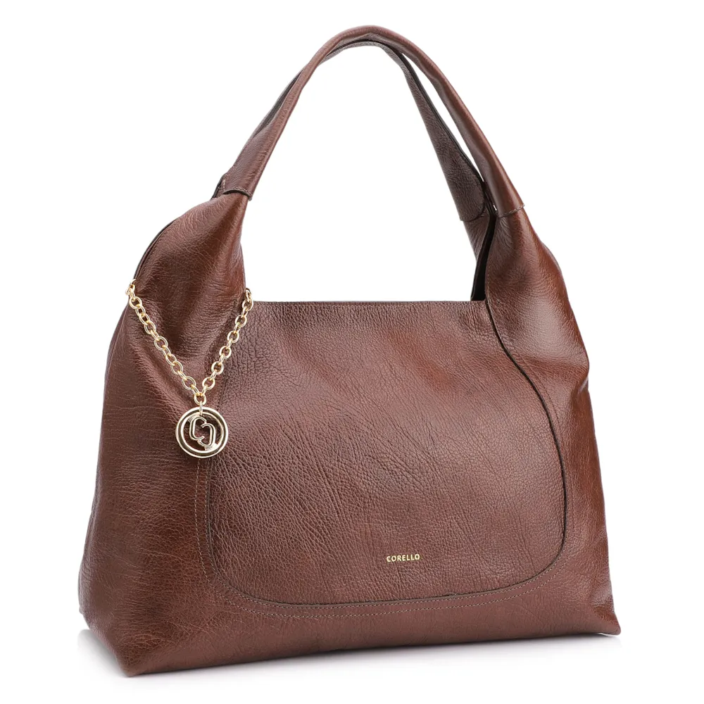 Bolsa Hobo Grande Couro Antique Marrom Pingente Medalha - imagem 3