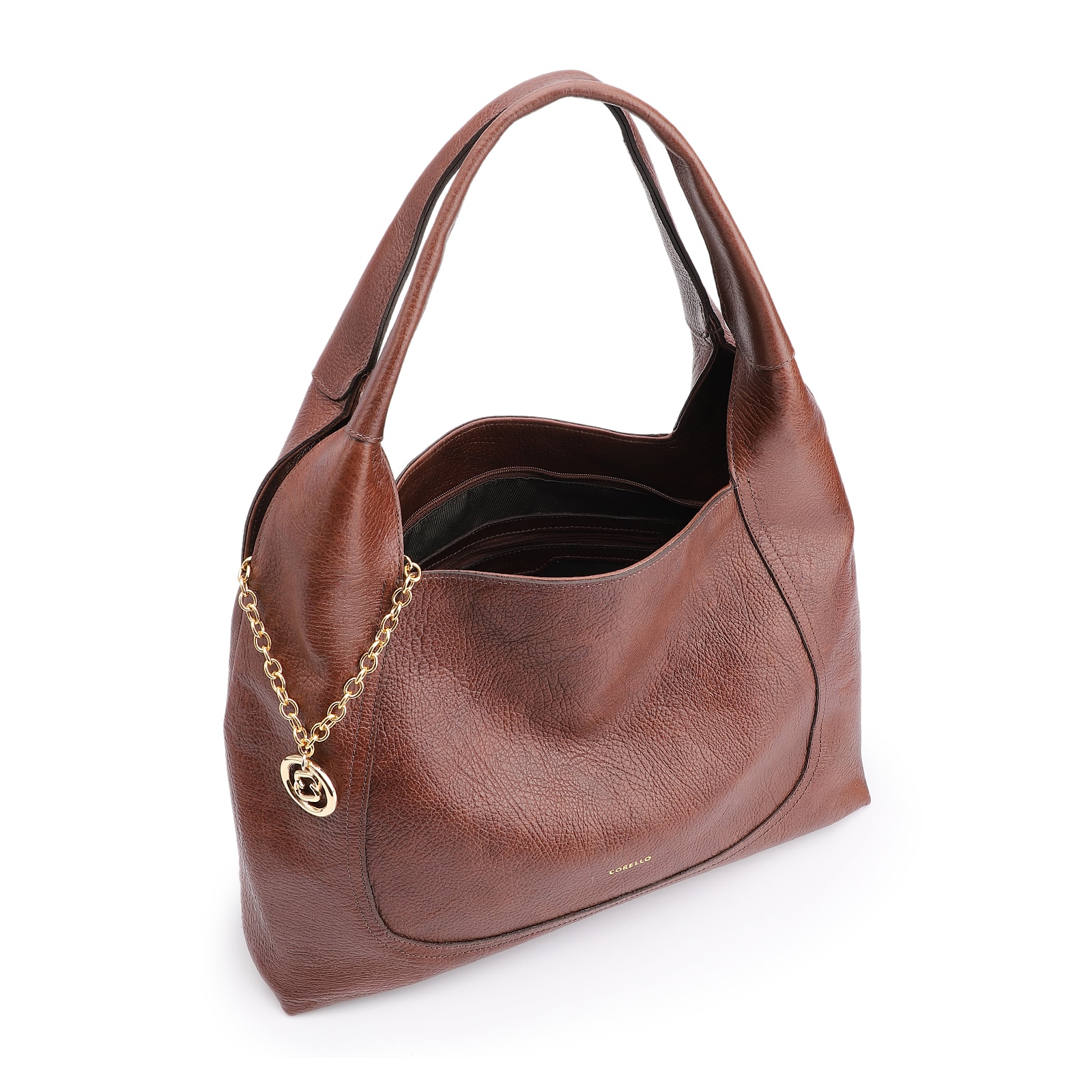 Bolsa Hobo Grande Couro Antique Marrom Pingente Medalha