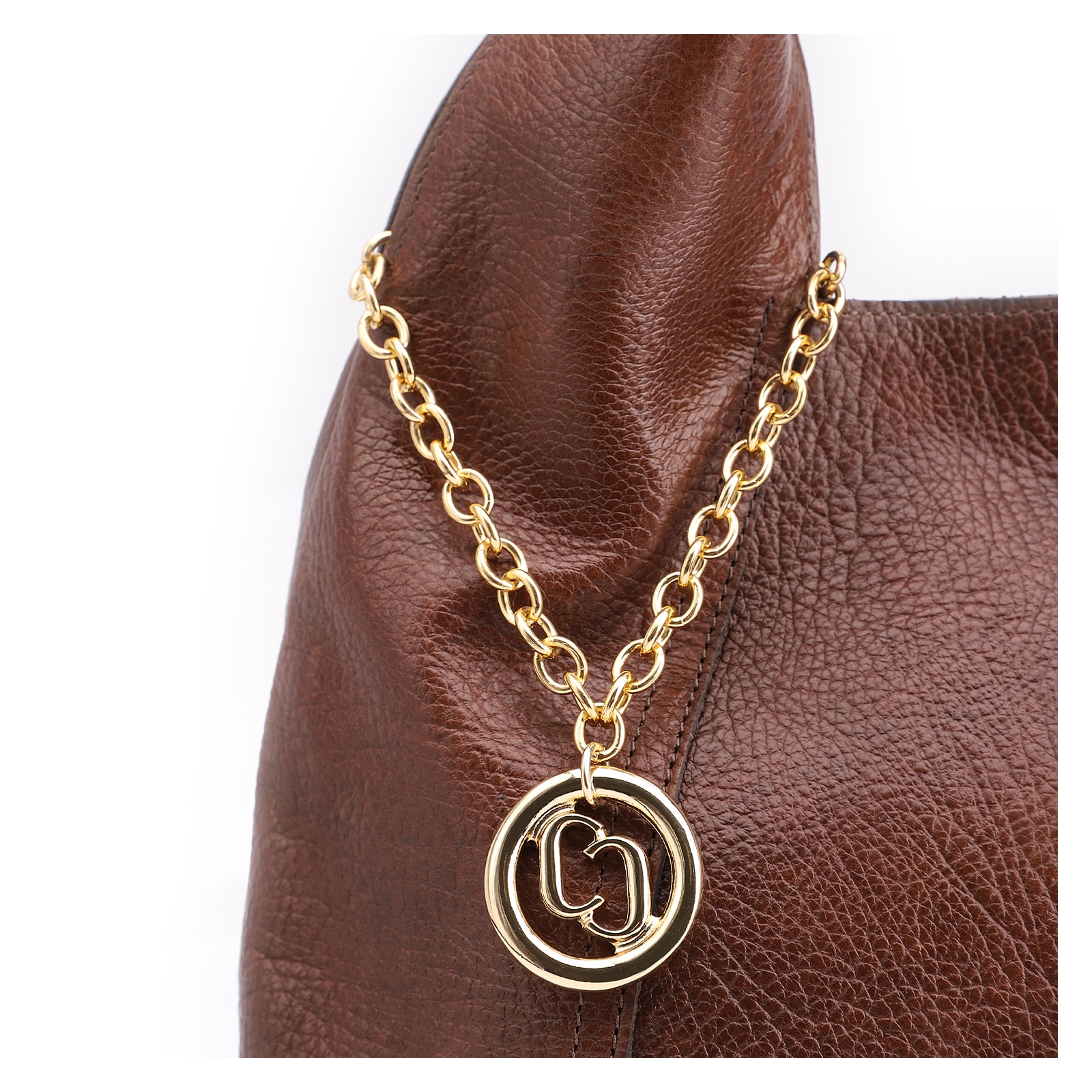 Bolsa Hobo Grande Couro Antique Marrom Pingente Medalha