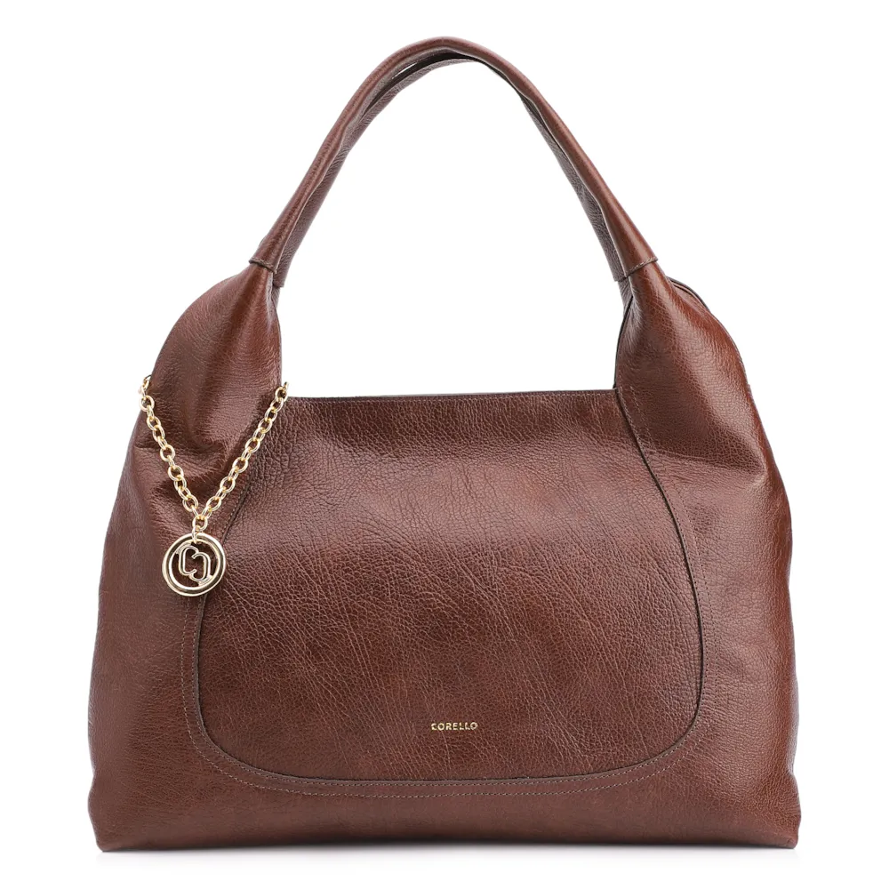 Bolsa Hobo Grande Couro Antique Marrom Pingente Medalha
