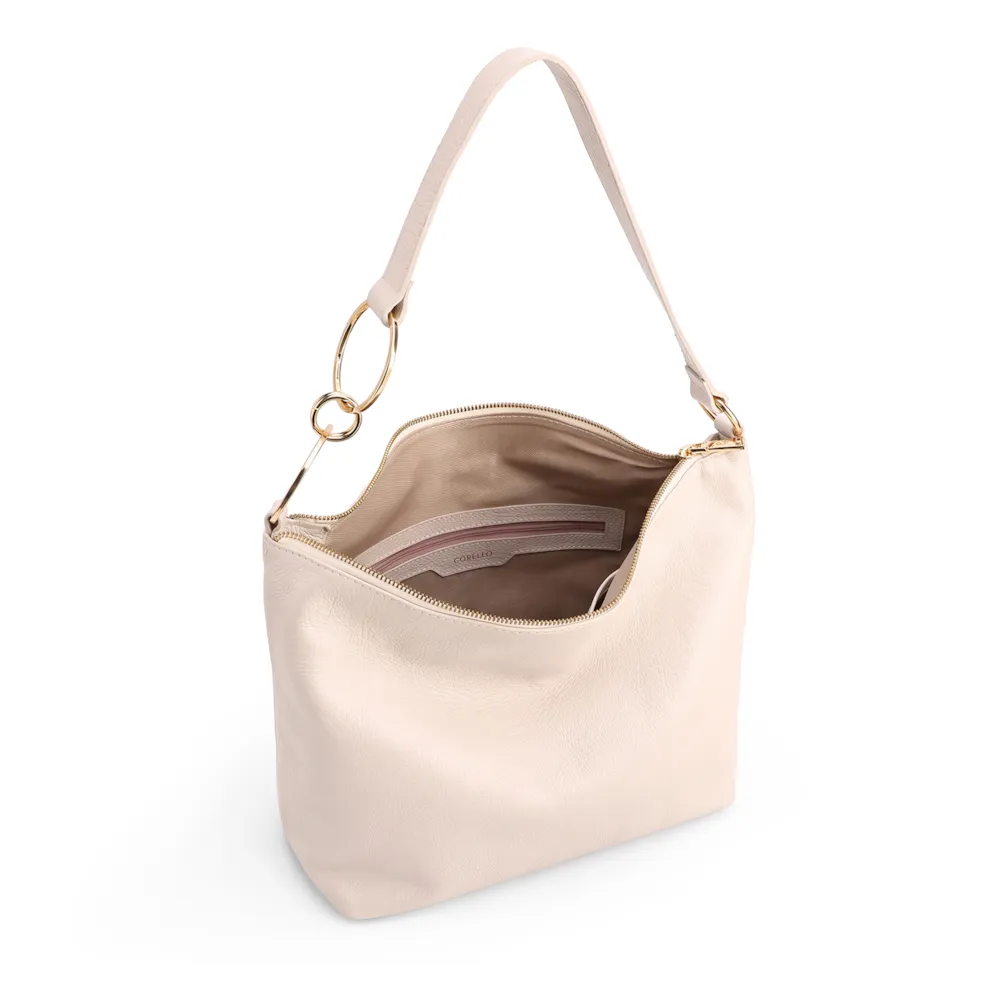  Bolsa Hobo Grande Couro Antique Off White Argolas Alça - imagem 4