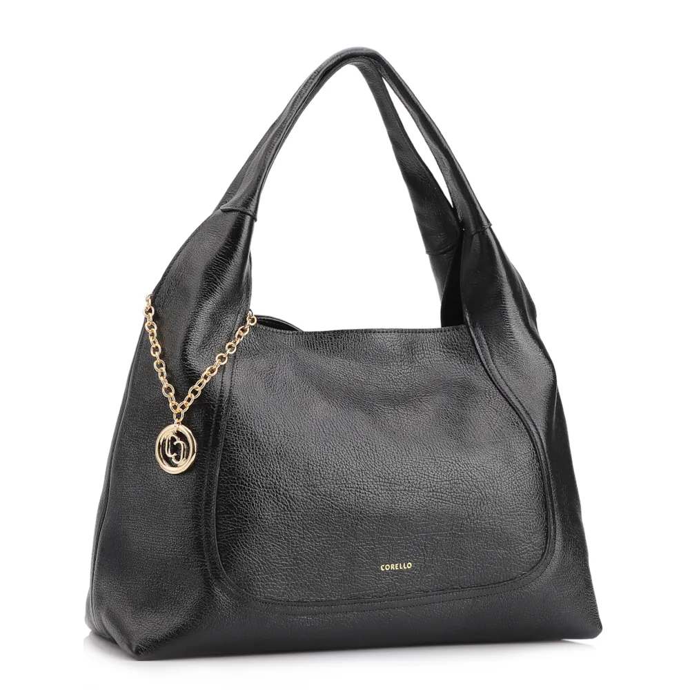 Bolsa Hobo Grande Couro Antique Preta Pingente Medalha - imagem 3
