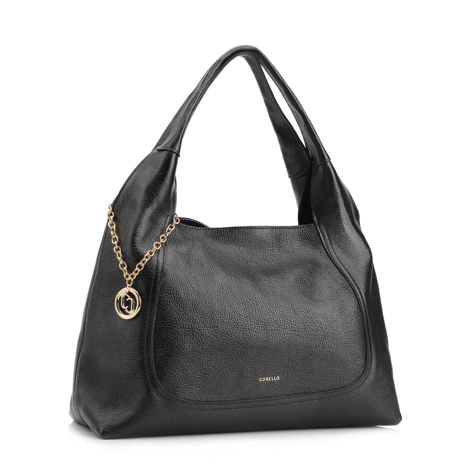 Bolsa Hobo Grande Couro Antique Preta Pingente Medalha