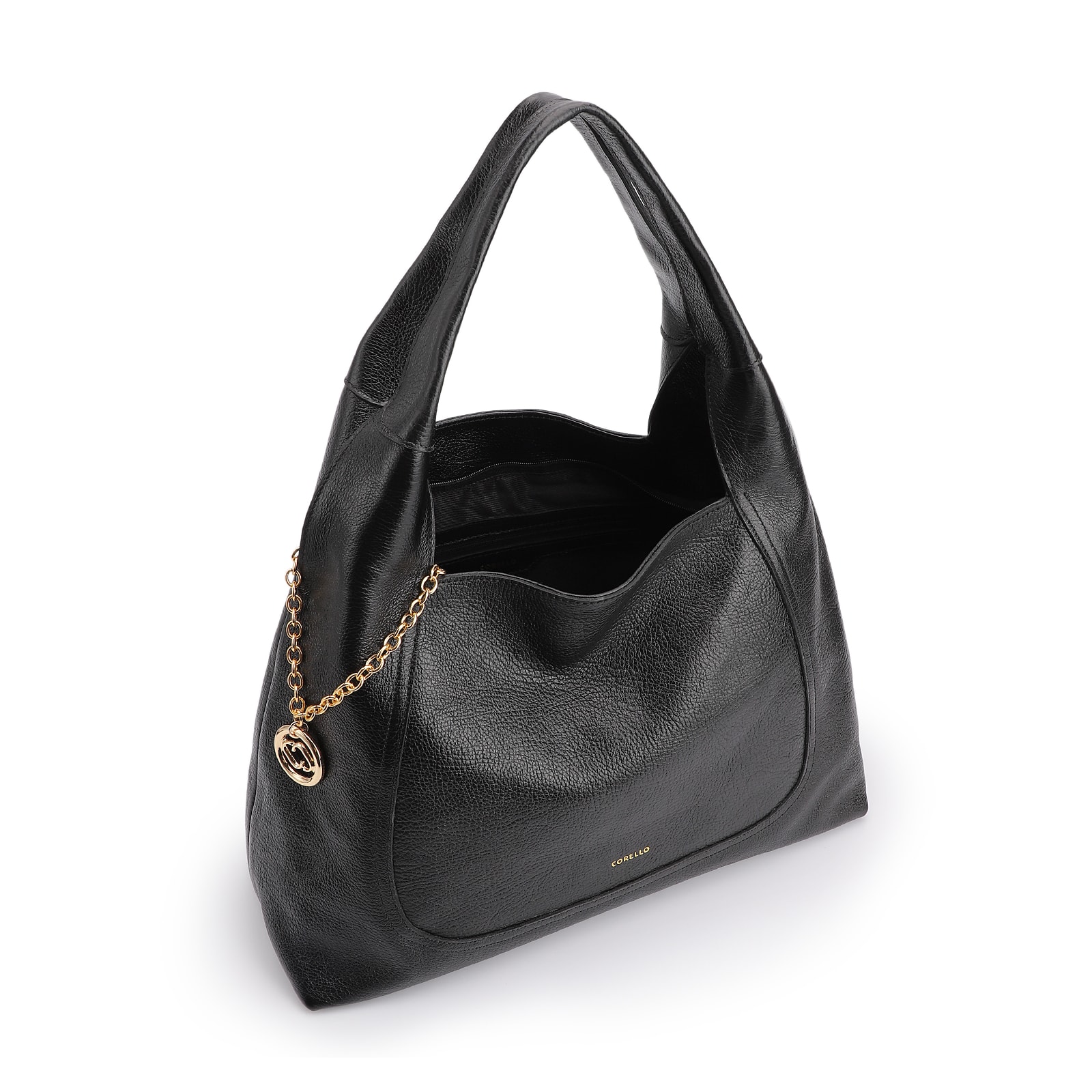 Bolsa Hobo Grande Couro Antique Preta Pingente Medalha