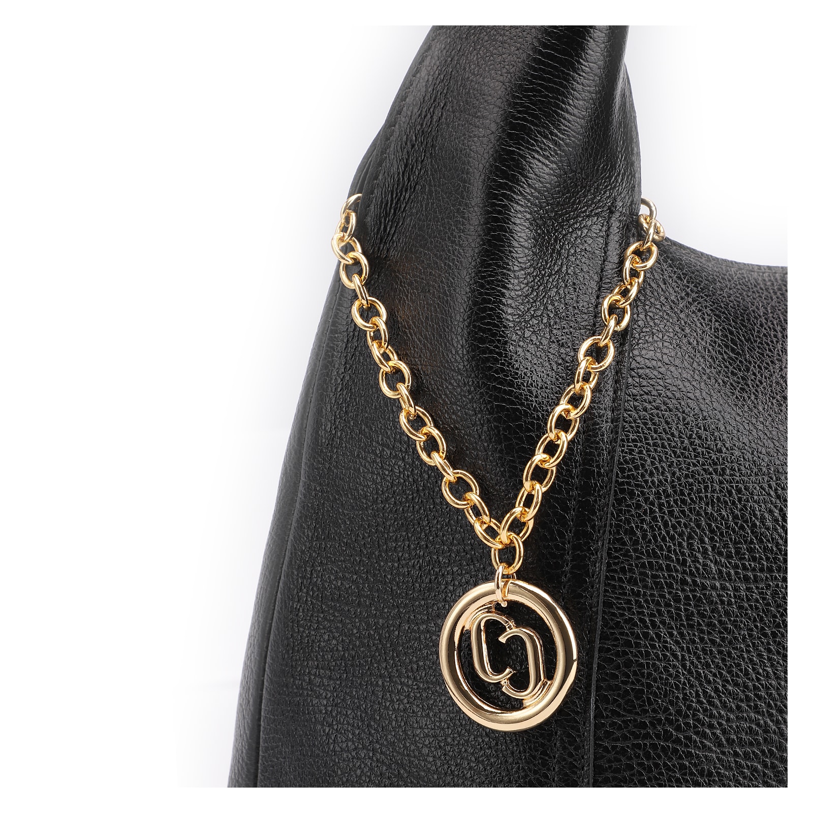 Bolsa Hobo Grande Couro Antique Preta Pingente Medalha