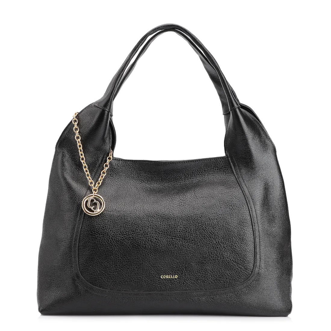Bolsa Hobo Grande Couro Antique Preta Pingente Medalha