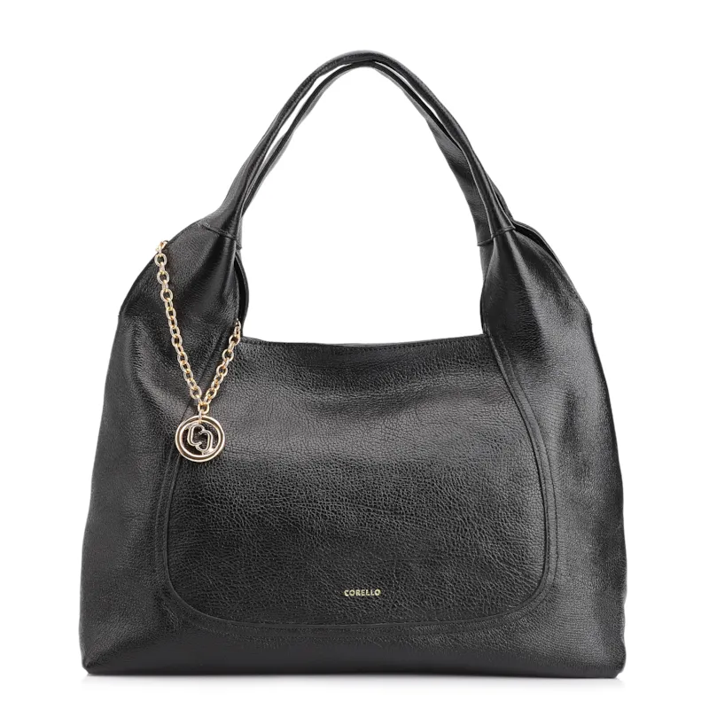Bolsa Hobo Grande Couro Antique Preta Pingente Medalha