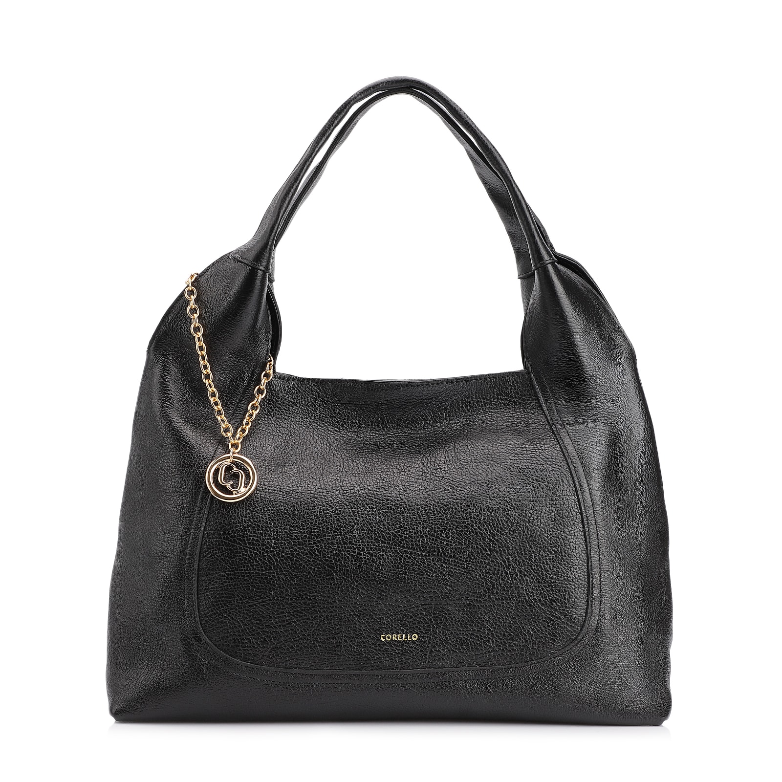 Bolsa Hobo Grande Couro Antique Preta Pingente Medalha