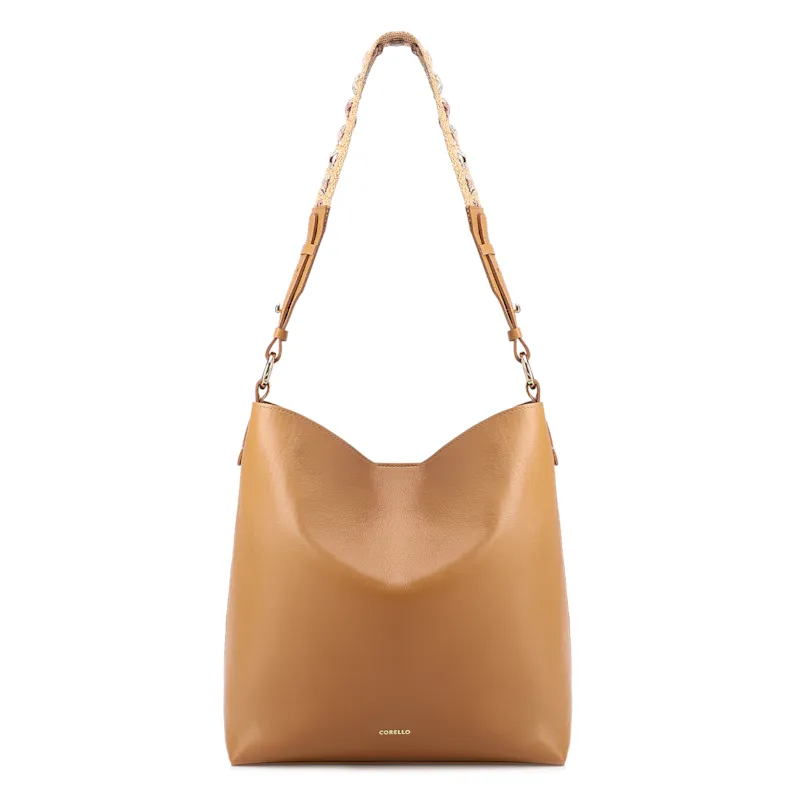 Bolsa Hobo Grande Couro Marrom Claro Alça Ráfia Lenço